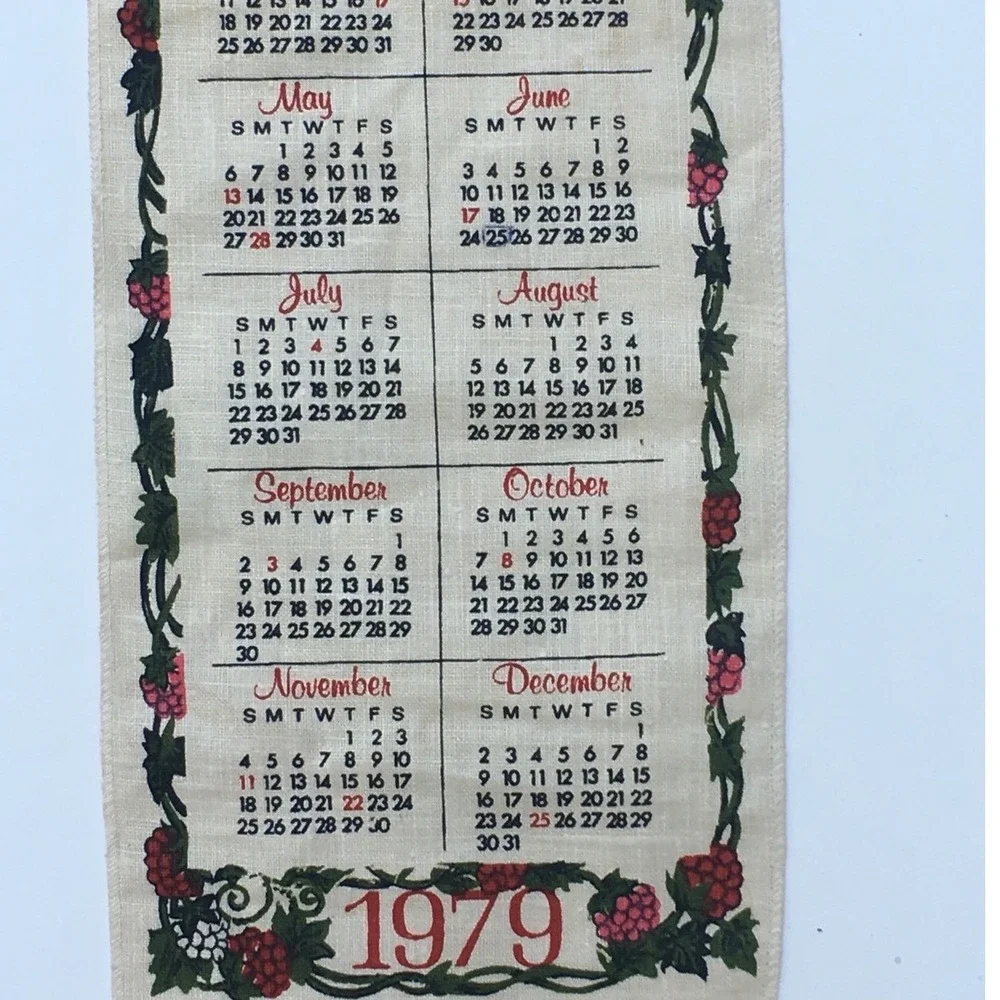Vintage 1979 Linen Wall Calendar Floral Kitchen Prayer Hanging Tea Towel Retro